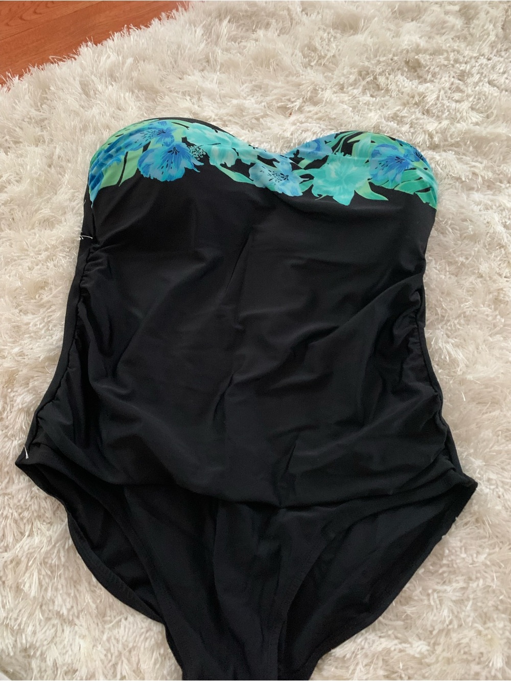 Merona Black One-Piece Swimsuit with Teal and Blue Floral Bandeau